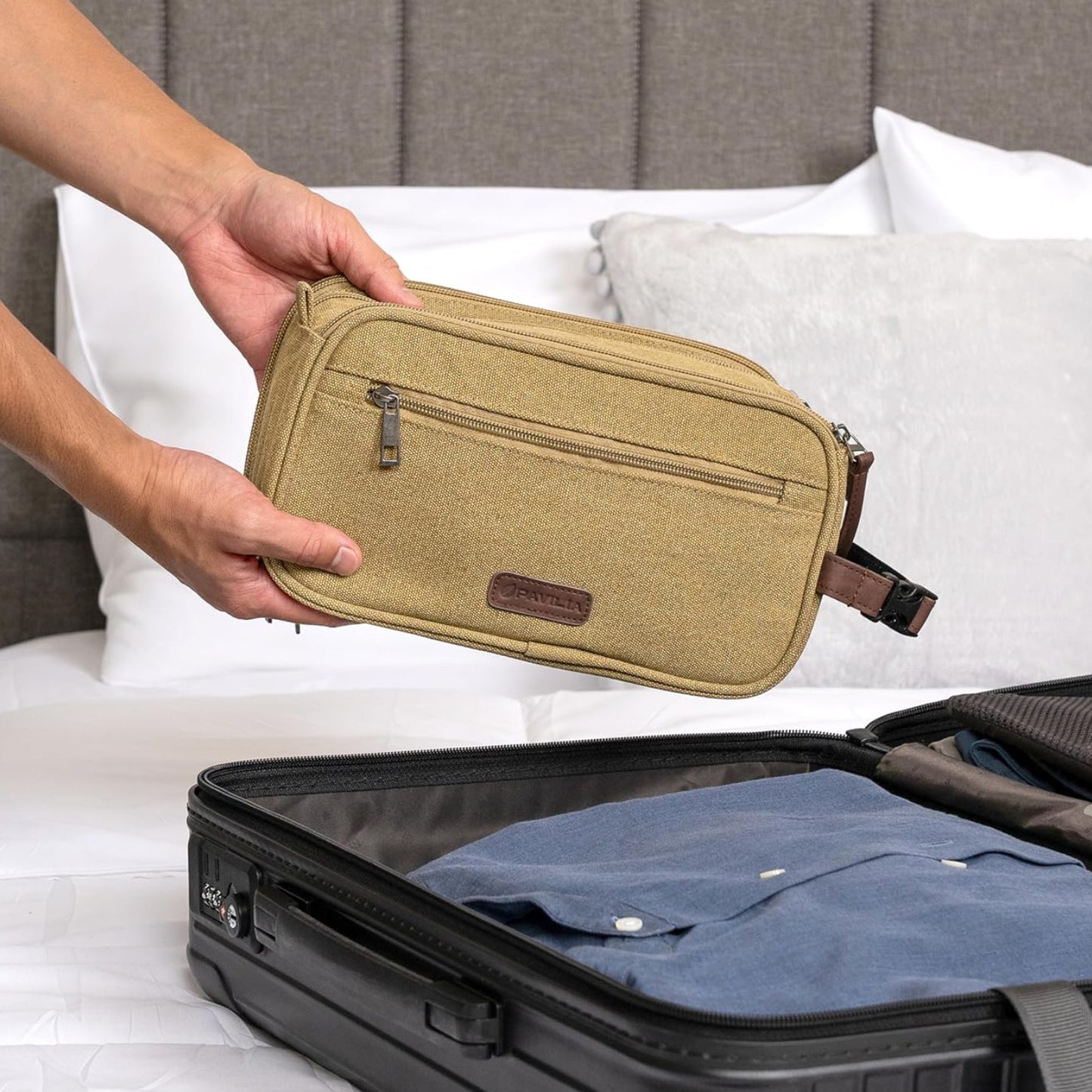 Dluxe Ave. Men Canvas Travel Dopp Kit/ Water Resistant/ Accessories Bag/ Tan Khaki