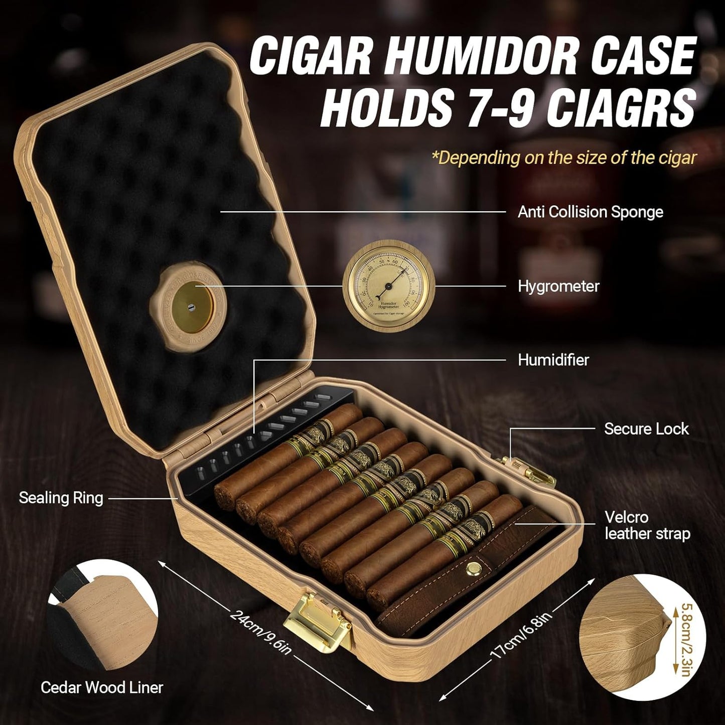 Dluxe Ave. Travel Cigar Humidor Cigar Case with Cigar Lighter Cedar Lined Cigar Box V Cut Cigar Cutter Portable Cigar Humidor with Humidifier