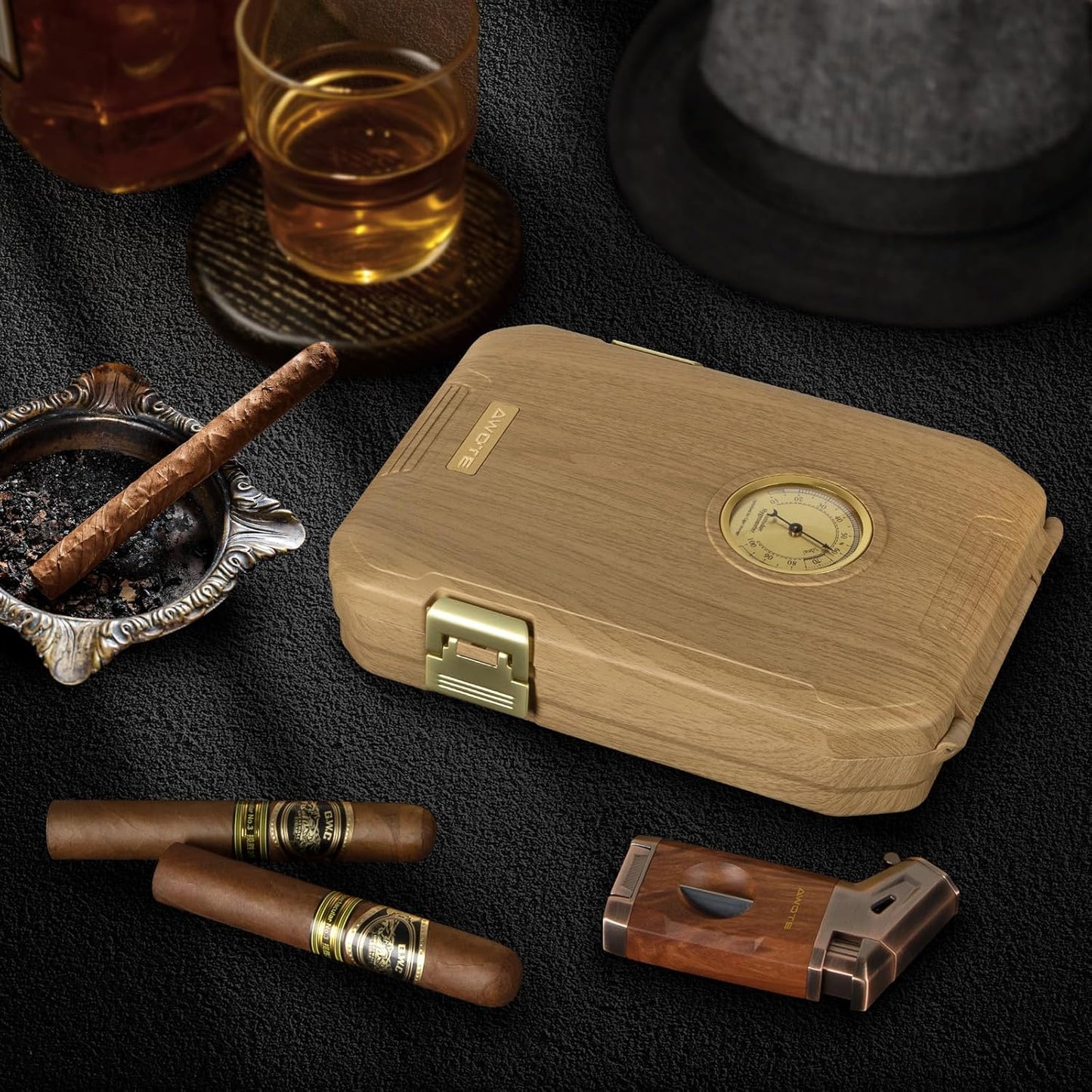 Dluxe Ave. Travel Cigar Humidor Cigar Case with Cigar Lighter Cedar Lined Cigar Box V Cut Cigar Cutter Portable Cigar Humidor with Humidifier