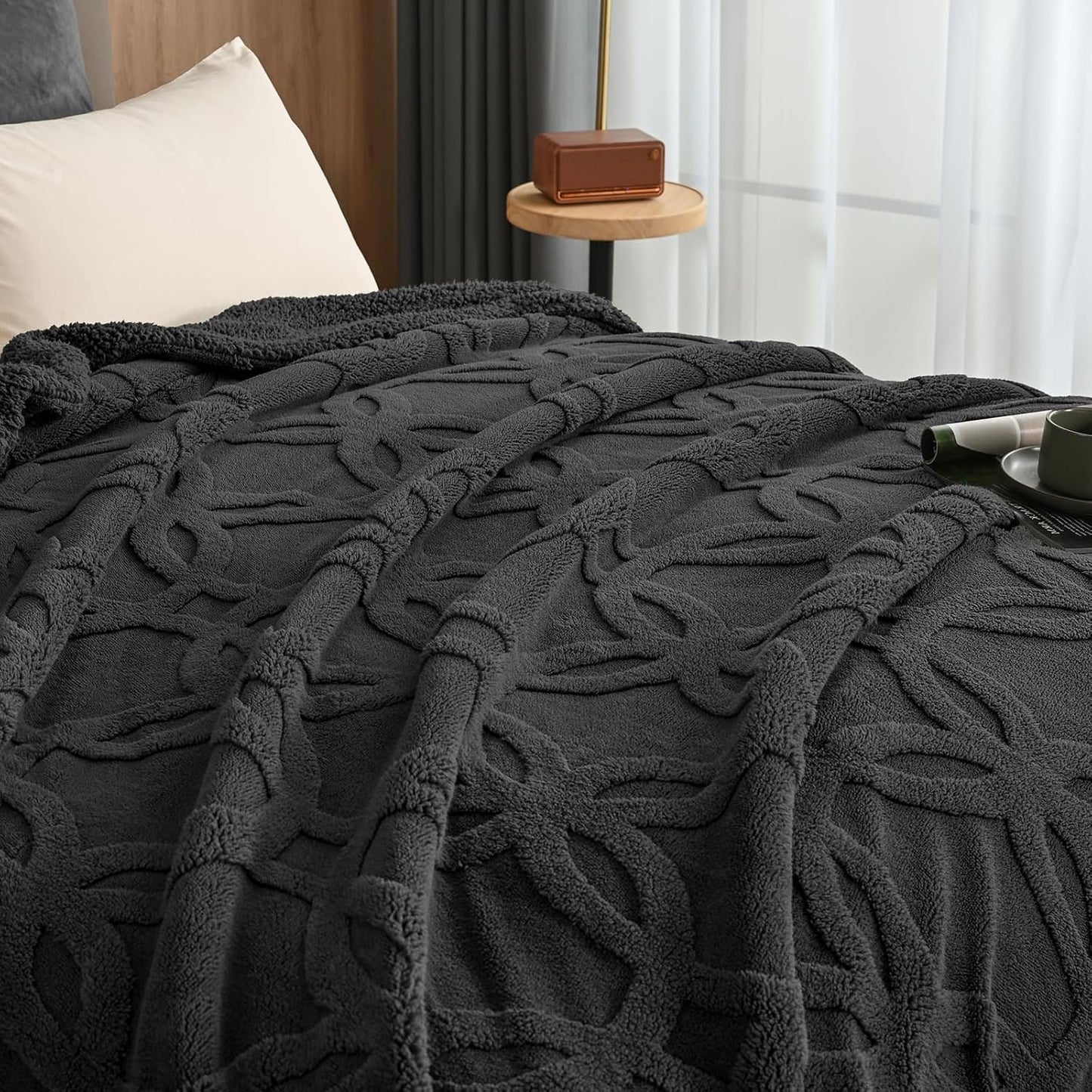 Dluxe Ave. ( KING ) Tufted Sherpa Fleece Blanket, for Winter No Shed No Pilling 108" x 90" 3D Jacquard, Dark Grey