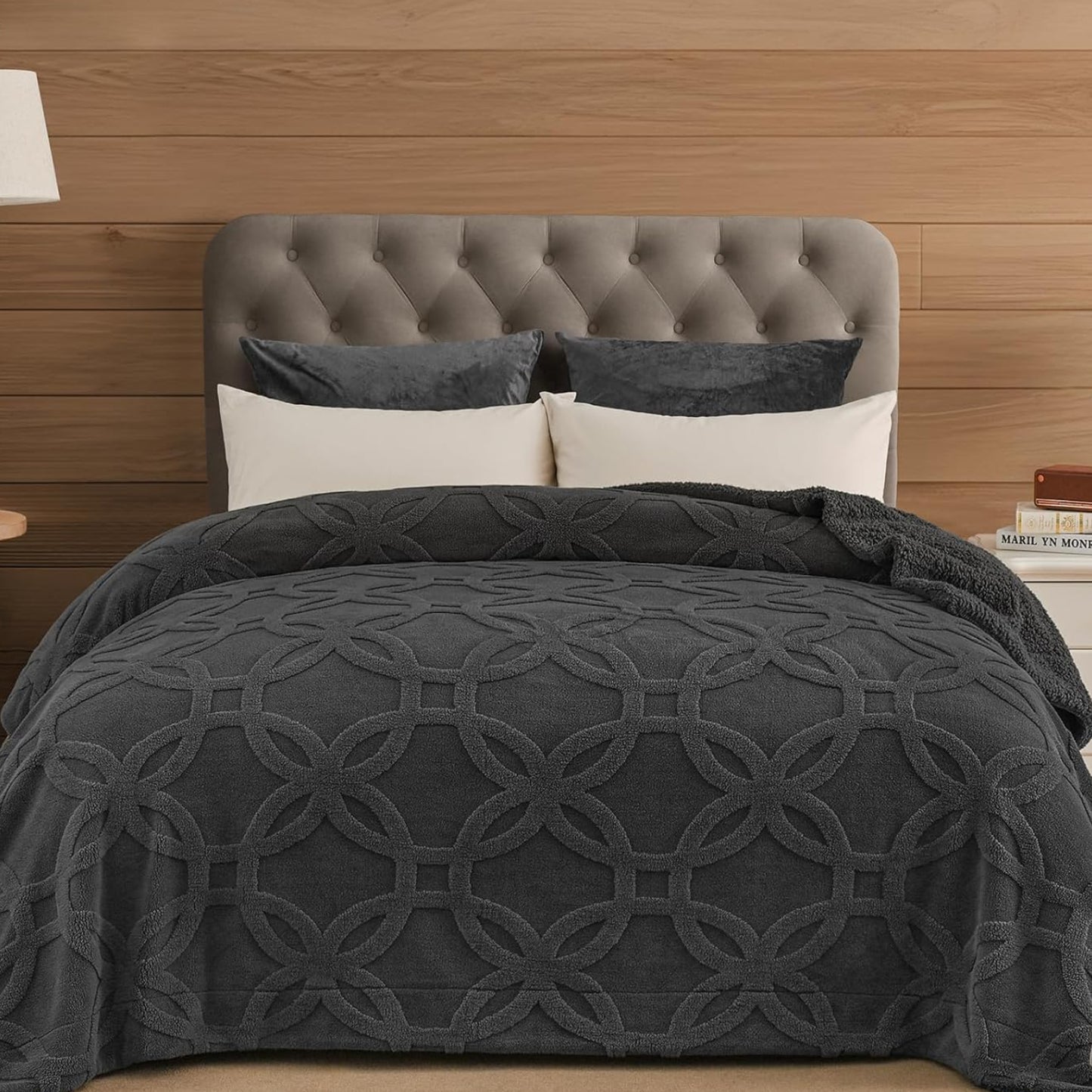 Dluxe Ave. ( KING ) Tufted Sherpa Fleece Blanket, for Winter No Shed No Pilling 108" x 90" 3D Jacquard, Dark Grey