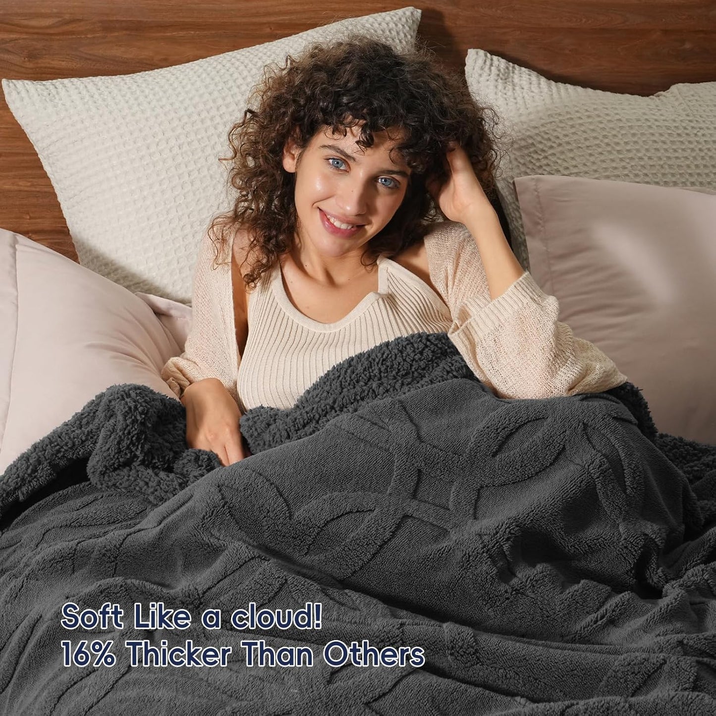 Dluxe Ave. ( KING ) Tufted Sherpa Fleece Blanket, for Winter No Shed No Pilling 108" x 90" 3D Jacquard, Dark Grey