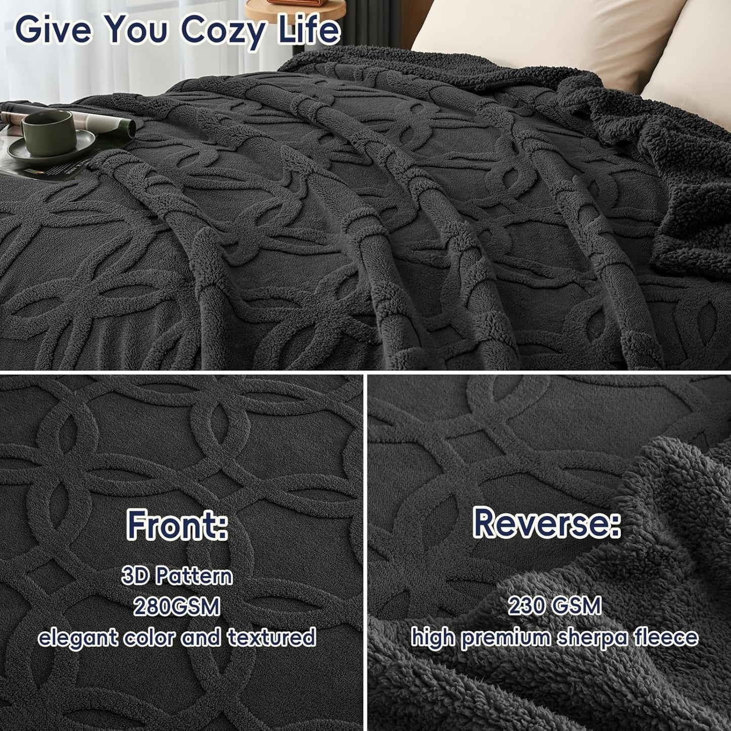 Dluxe Ave. ( KING ) Tufted Sherpa Fleece Blanket, for Winter No Shed No Pilling 108" x 90" 3D Jacquard, Dark Grey