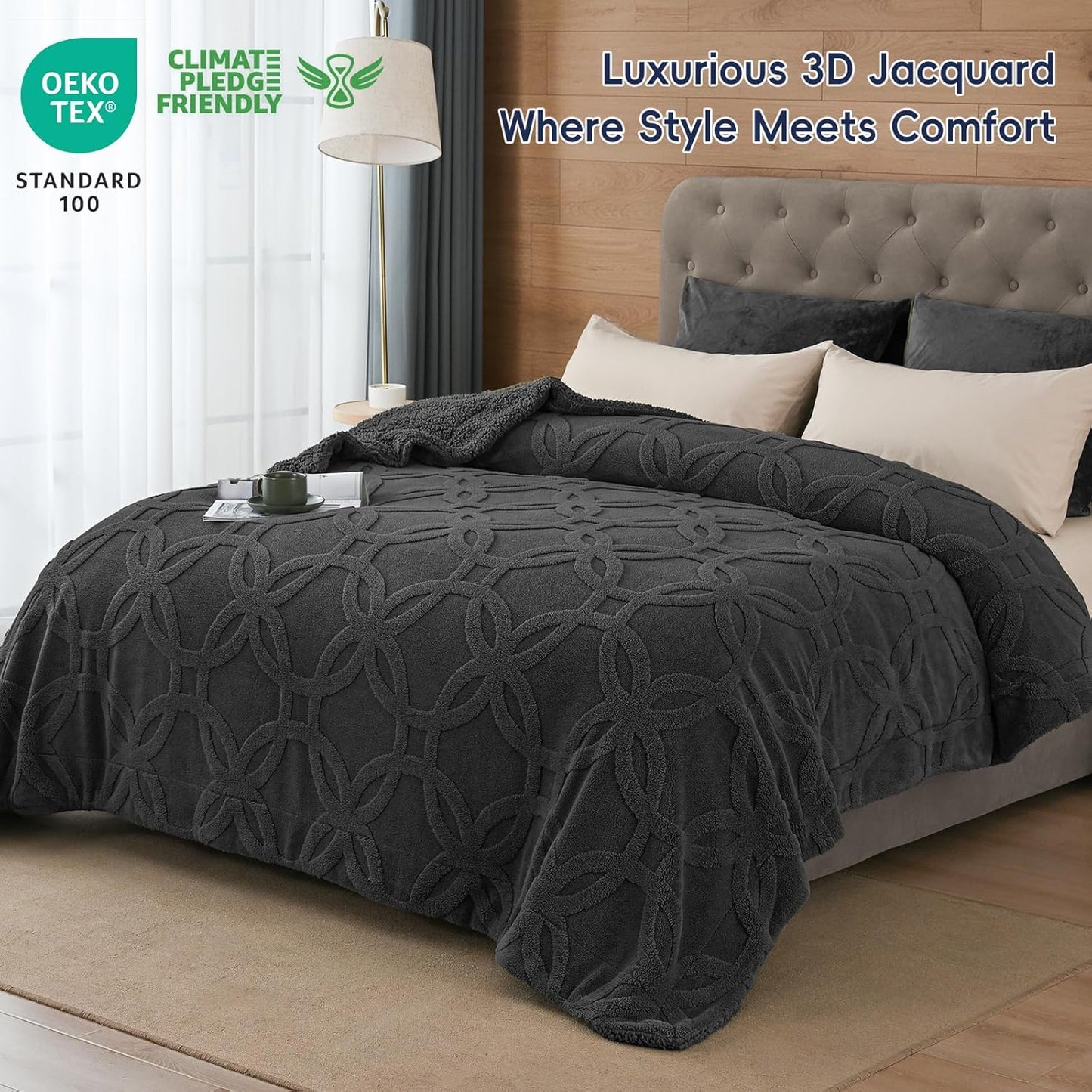 Dluxe Ave. ( KING ) Tufted Sherpa Fleece Blanket, for Winter No Shed No Pilling 108" x 90" 3D Jacquard, Dark Grey