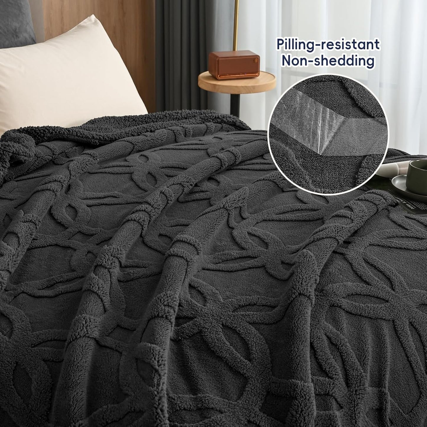 Dluxe Ave. ( KING ) Tufted Sherpa Fleece Blanket, for Winter No Shed No Pilling 108" x 90" 3D Jacquard, Dark Grey