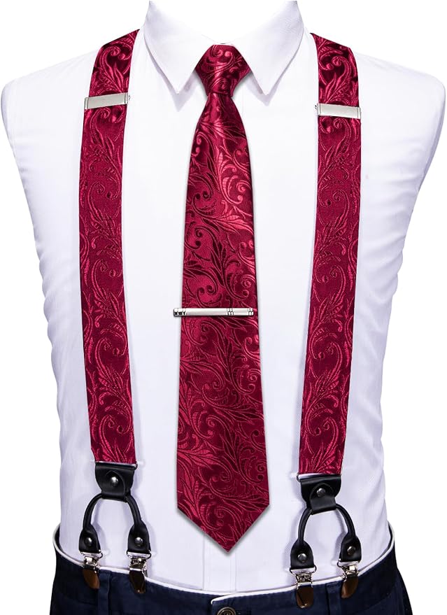 Dluxe Ave. Men Suspender Set with Necktie/ Elastic Y Type Heavy Duty/ 6 Clips Braces/ Tie Handkerchief & Cufflink Pin 6PCS