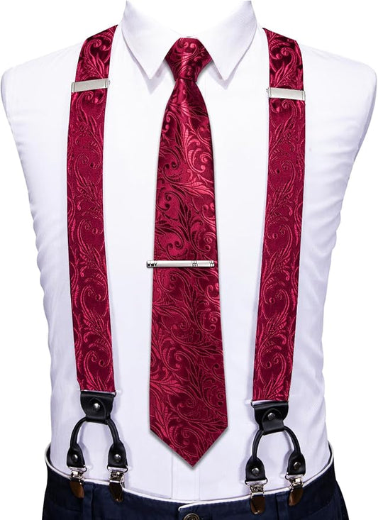 Dluxe Ave. Men Suspender Set with Necktie/ Elastic Y Type Heavy Duty/ 6 Clips Braces/ Tie Handkerchief & Cufflink Pin 6PCS