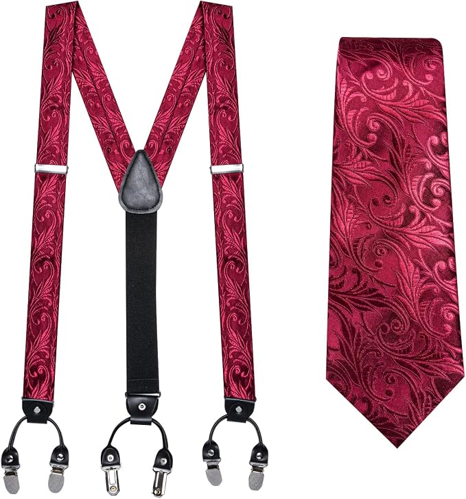 Dluxe Ave. Men Suspender Set with Necktie/ Elastic Y Type Heavy Duty/ 6 Clips Braces/ Tie Handkerchief & Cufflink Pin 6PCS