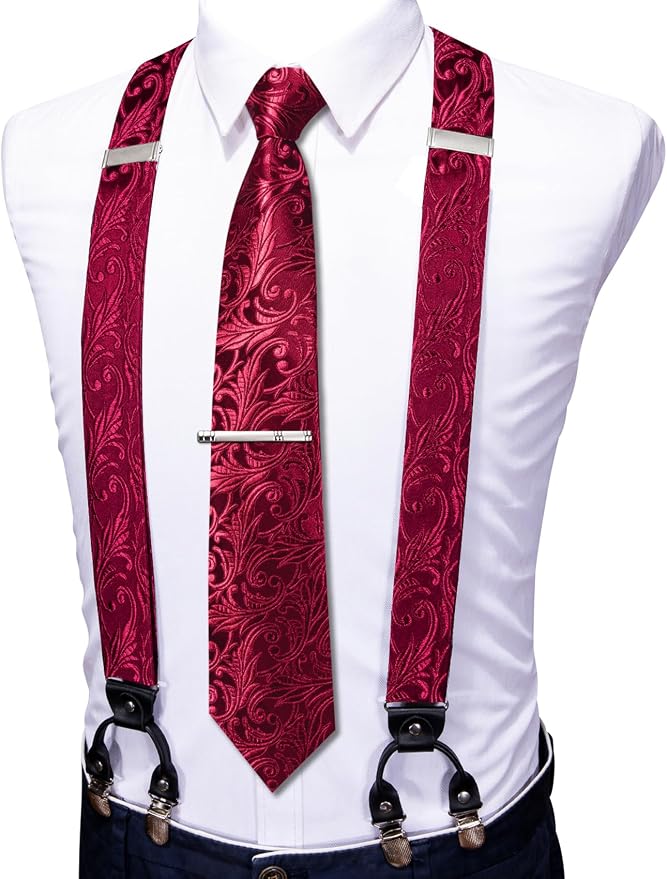Dluxe Ave. Men Suspender Set with Necktie/ Elastic Y Type Heavy Duty/ 6 Clips Braces/ Tie Handkerchief & Cufflink Pin 6PCS