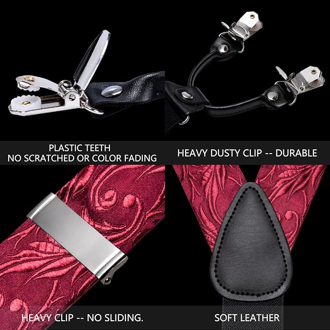 Dluxe Ave. Men Suspender Set with Necktie/ Elastic Y Type Heavy Duty/ 6 Clips Braces/ Tie Handkerchief & Cufflink Pin 6PCS