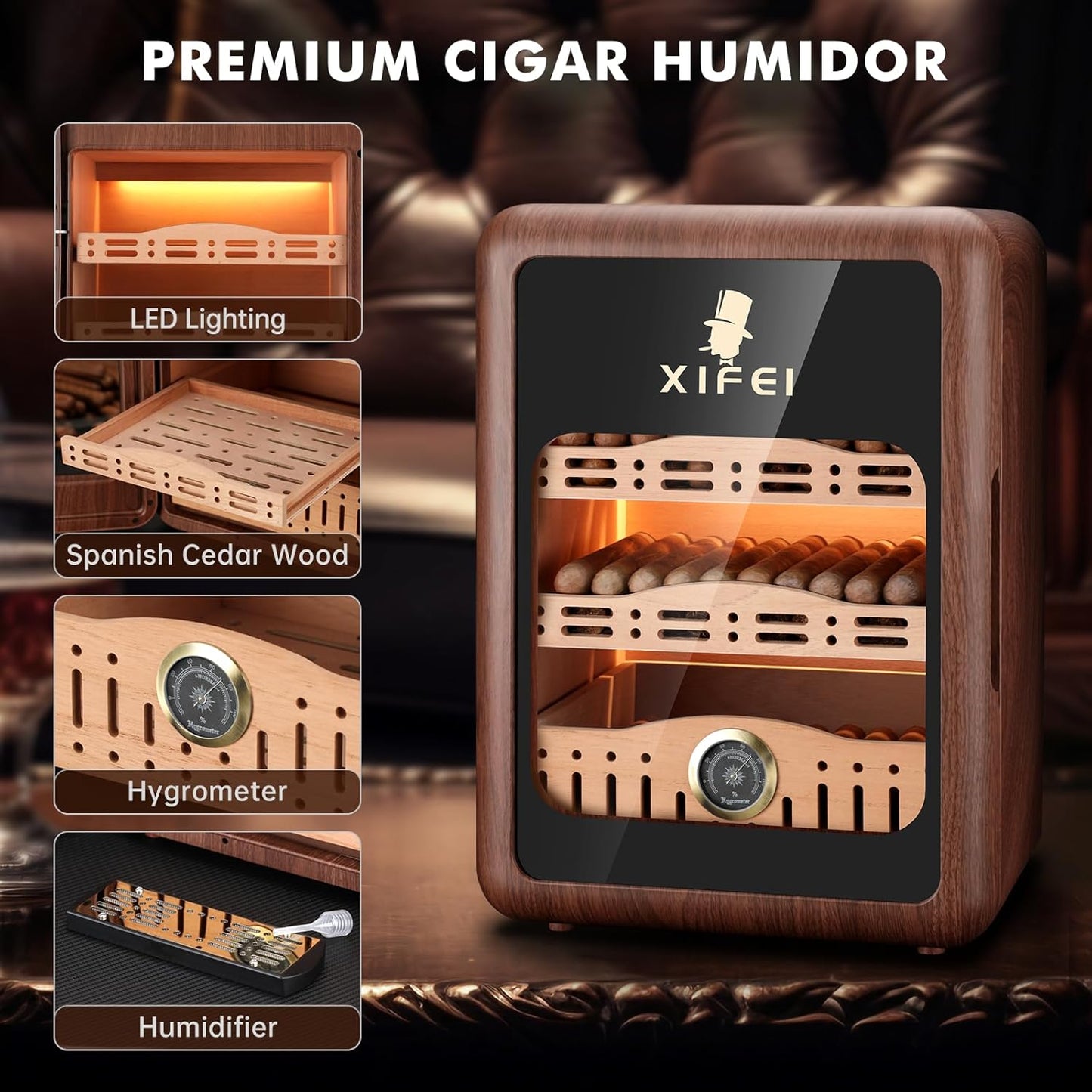 Dluxe Ave. Cigar Humidor Cabinet/ for 150 Cigars/ LED Lighting/ Desktop/ Cedar Wood