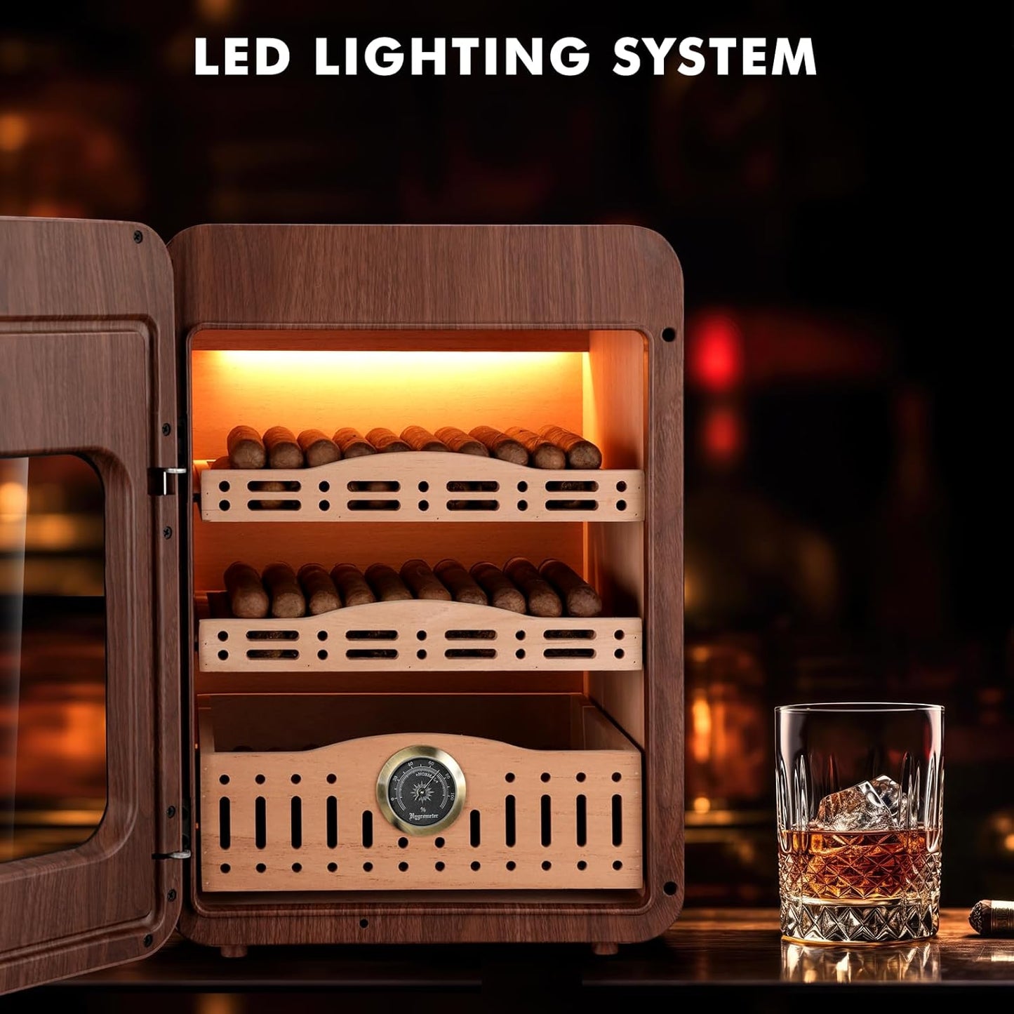Dluxe Ave. Cigar Humidor Cabinet/ for 150 Cigars/ LED Lighting/ Desktop/ Cedar Wood