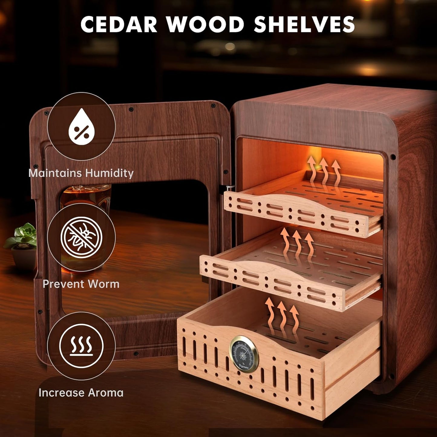 Dluxe Ave. Cigar Humidor Cabinet/ for 150 Cigars/ LED Lighting/ Desktop/ Cedar Wood
