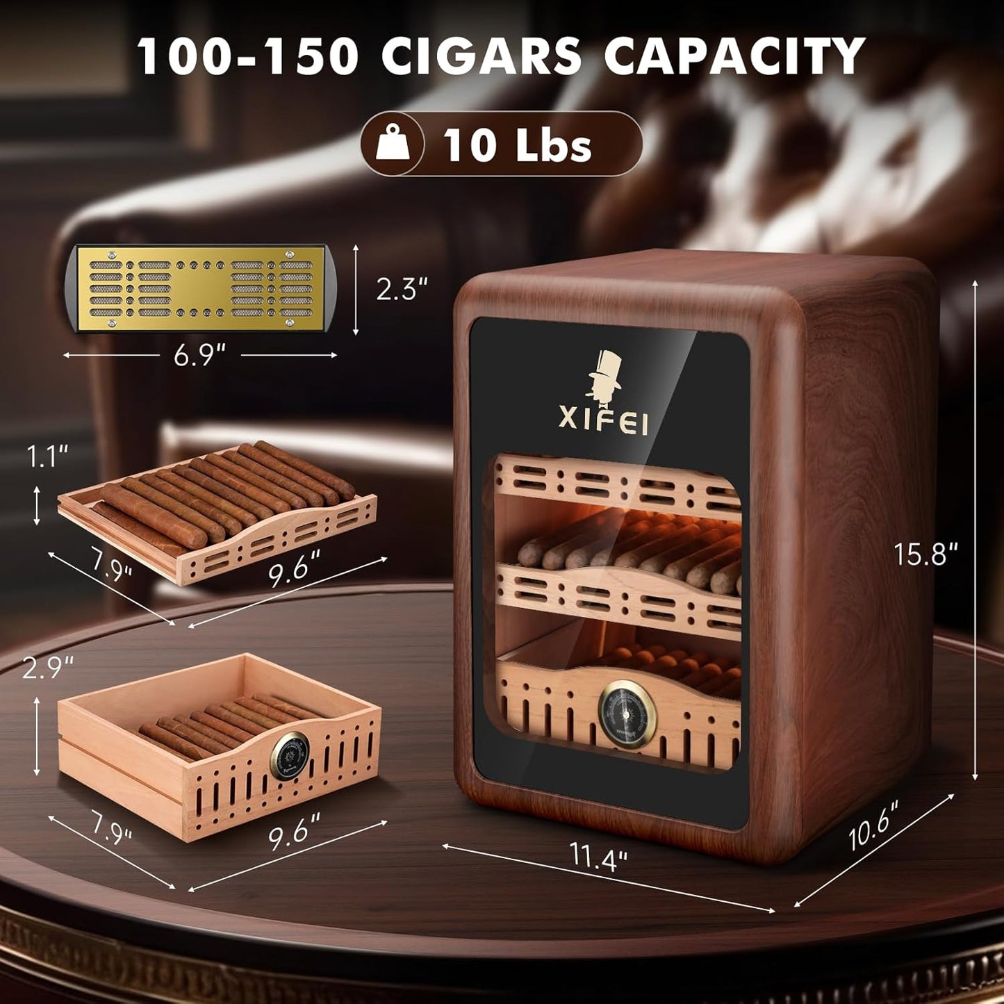 Dluxe Ave. Cigar Humidor Cabinet/ for 150 Cigars/ LED Lighting/ Desktop/ Cedar Wood