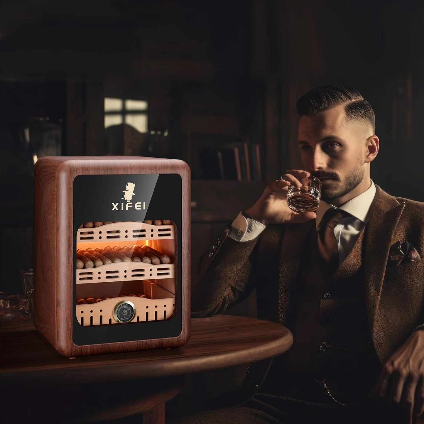 Dluxe Ave. Cigar Humidor Cabinet/ for 150 Cigars/ LED Lighting/ Desktop/ Cedar Wood
