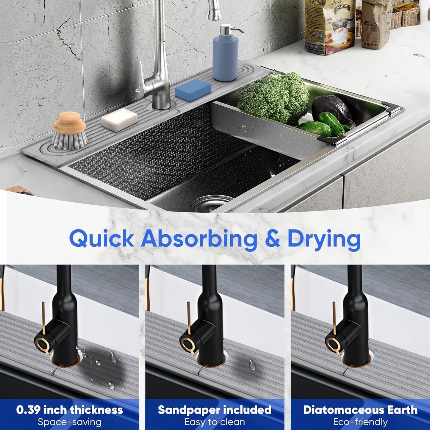 Dluxe Ave. Kitchen Sink Splash Guard Stone/ Drying Mat For Kitchen Counter  (White 15.5 x 3.9 x 0.5 Inch)