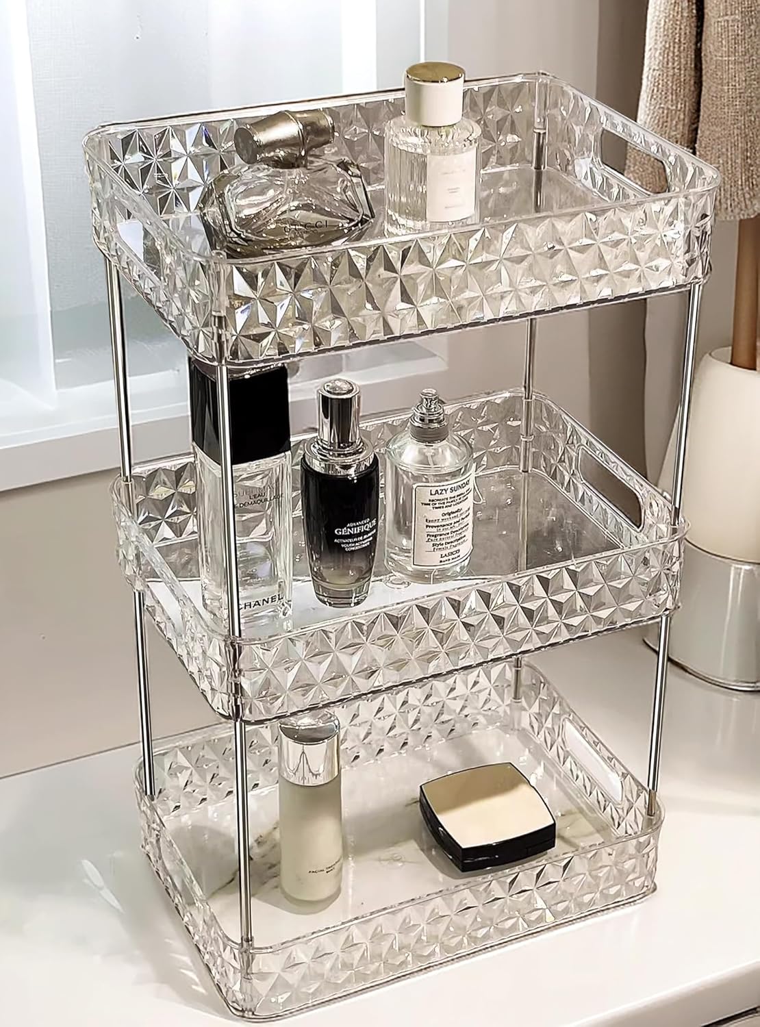 Dluxe Ave. Makeup Organizer for VanityBathroom Countertop Skincare OrganizerMakeup Counter Shelf Perfume Holder RackCosmetic Display Case (Clear3 Tier)