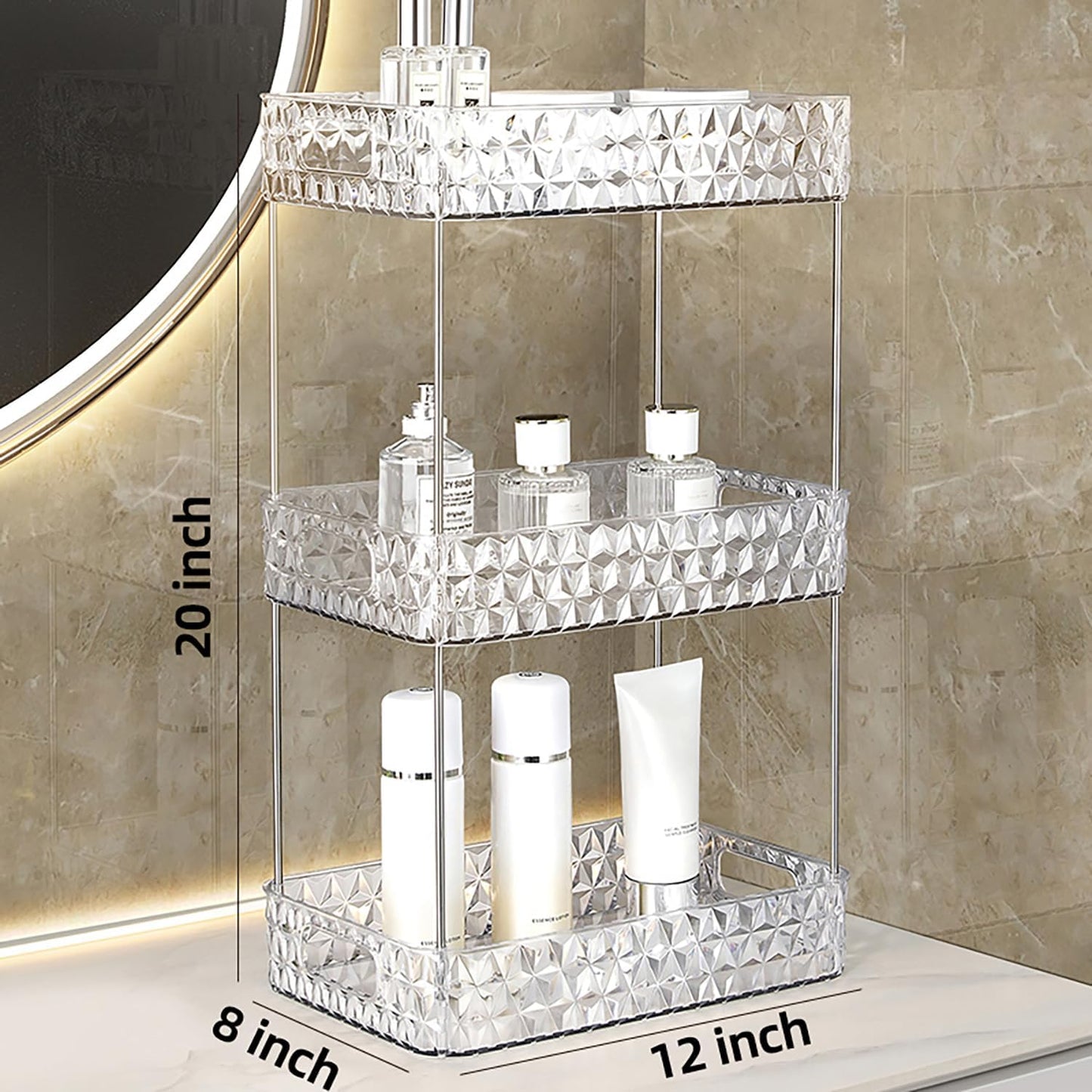 Dluxe Ave. Makeup Organizer for VanityBathroom Countertop Skincare OrganizerMakeup Counter Shelf Perfume Holder RackCosmetic Display Case (Clear3 Tier)