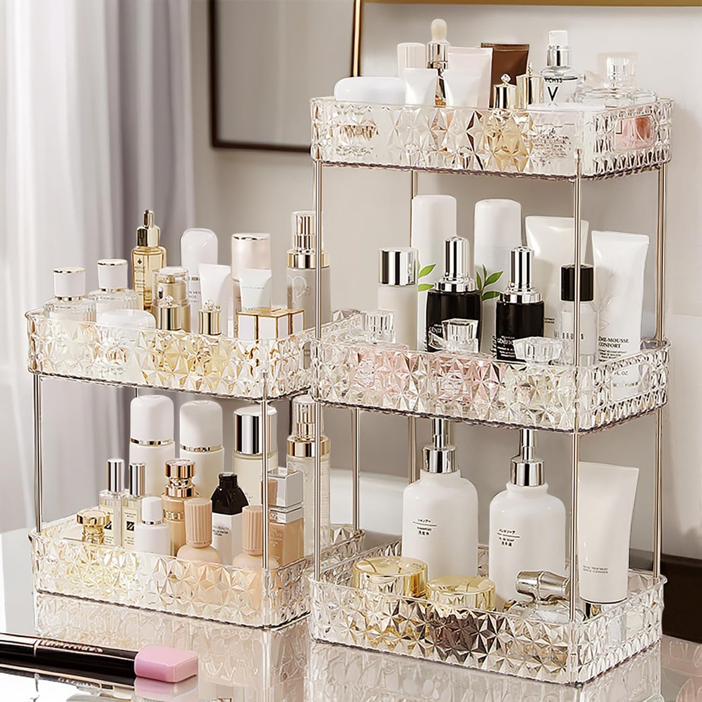 Dluxe Ave. Makeup Organizer for VanityBathroom Countertop Skincare OrganizerMakeup Counter Shelf Perfume Holder RackCosmetic Display Case (Clear3 Tier)