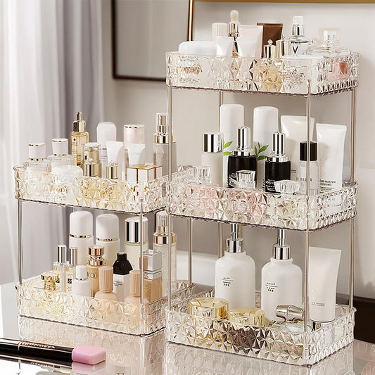 Dluxe Ave. Makeup Organizer for VanityBathroom Countertop Skincare OrganizerMakeup Counter Shelf Perfume Holder RackCosmetic Display Case (Clear3 Tier)