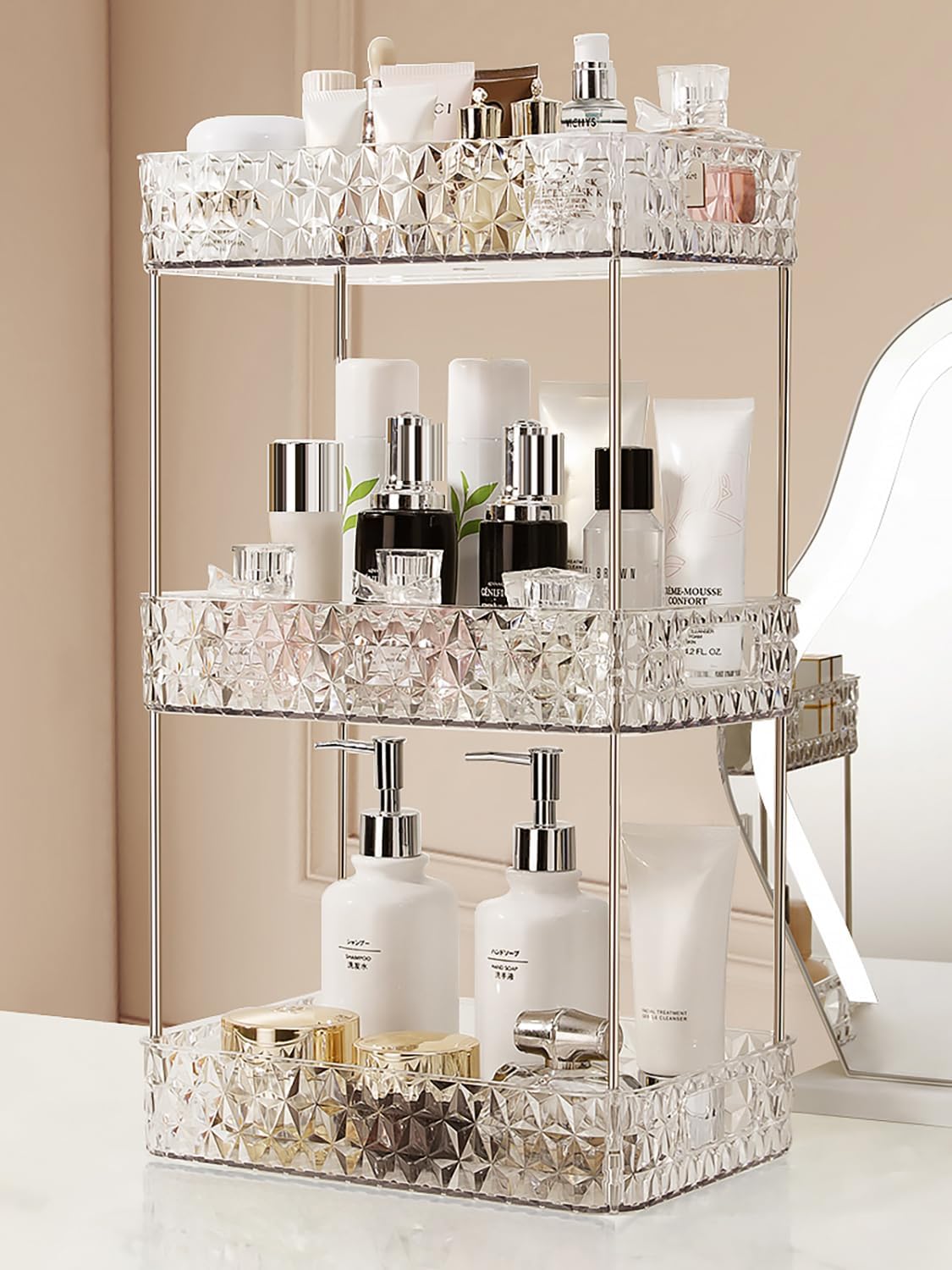 Dluxe Ave. Makeup Organizer for VanityBathroom Countertop Skincare OrganizerMakeup Counter Shelf Perfume Holder RackCosmetic Display Case (Clear3 Tier)