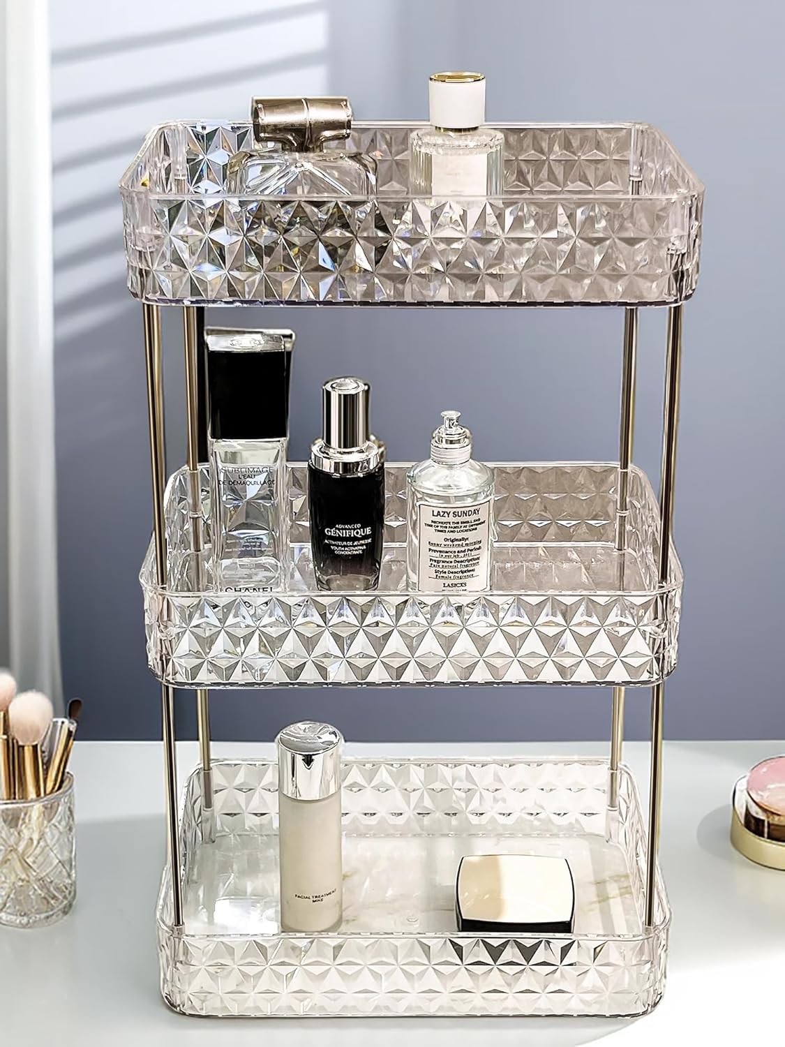 Dluxe Ave. Makeup Organizer for VanityBathroom Countertop Skincare OrganizerMakeup Counter Shelf Perfume Holder RackCosmetic Display Case (Clear3 Tier)