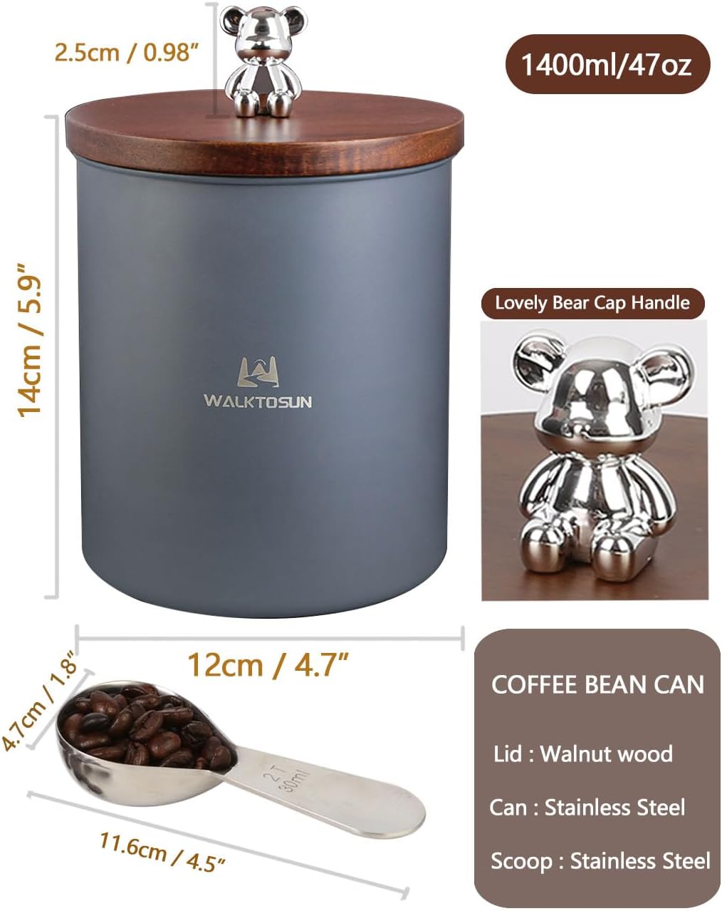 Dluxe Ave. Walktosun Coffee Canisters Airtight Food Storage Container with Wooden Lid  (1.4L Gray With Spoon)