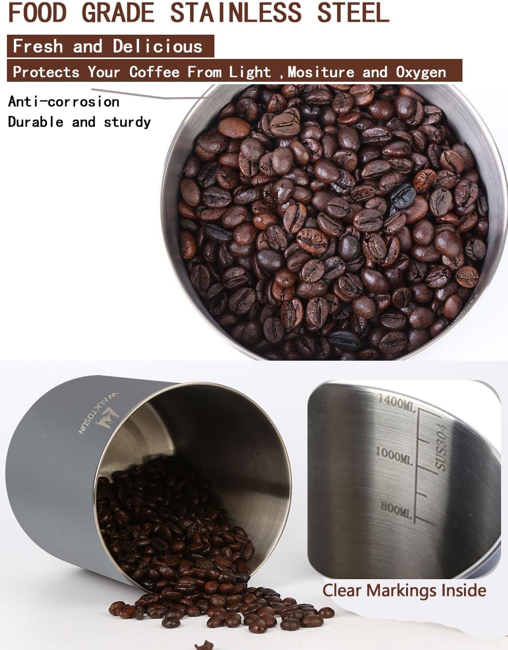 Dluxe Ave. Walktosun Coffee Canisters Airtight Food Storage Container with Wooden Lid  (1.4L Gray With Spoon)