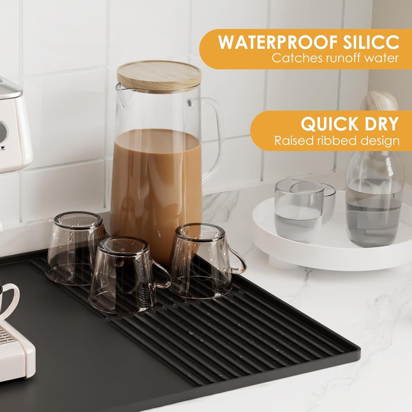 Dluxe Ave. Silicone Coffee Mat with Raised Edges  24 x 16 Coffee Bar Mat  (BLACK)