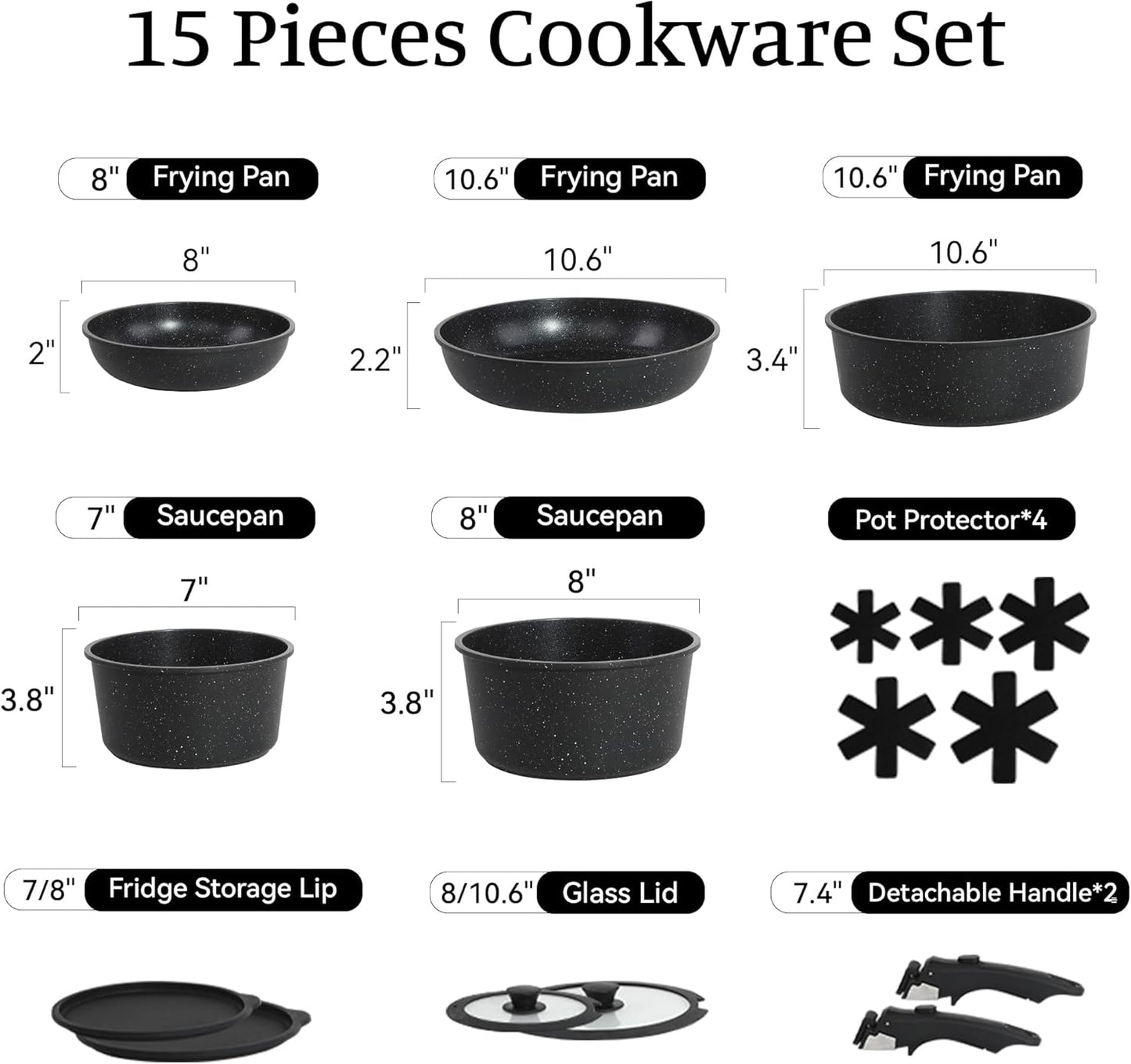 Dluxe Ave.  15PCS Pots and Pans Set Non Stick Kitchen Cookware Sets PFOA Free Black