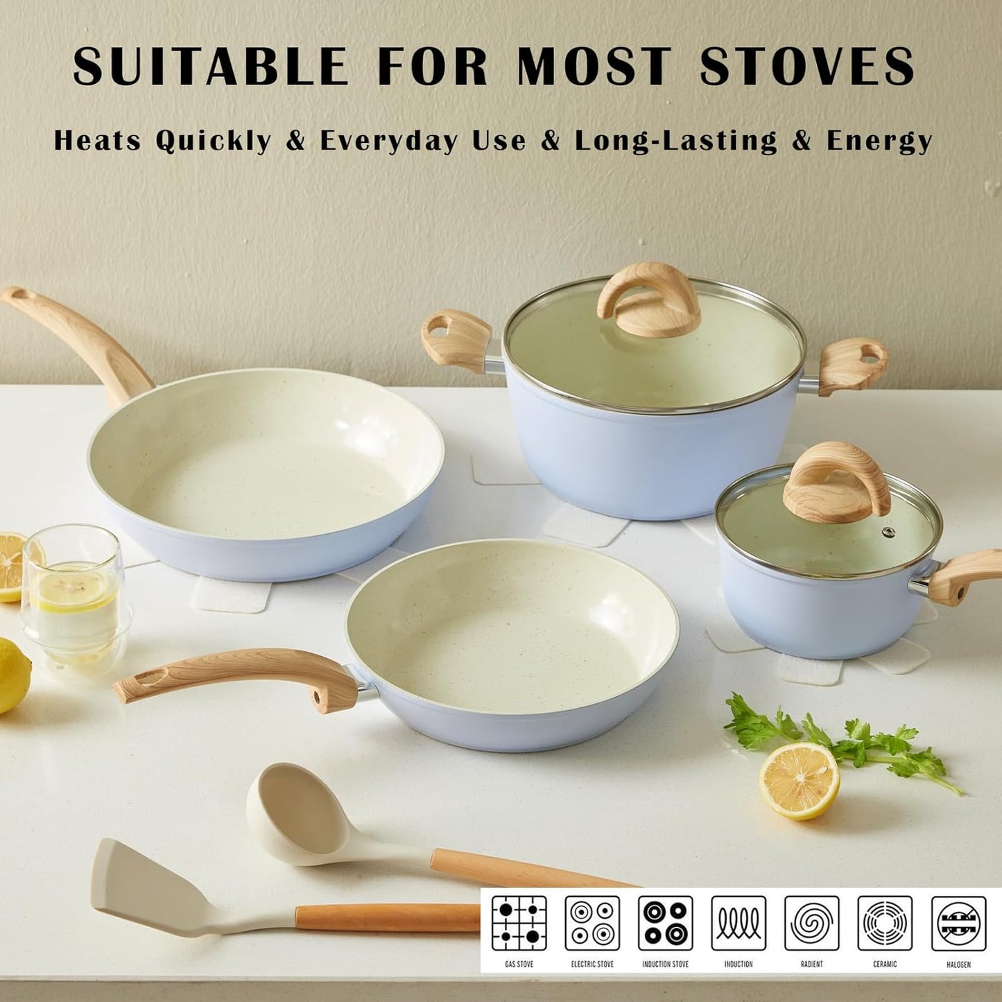 Dluxe Ave.  Blue Non Stick Pots, Pans and Lid with Kitchen Utensils