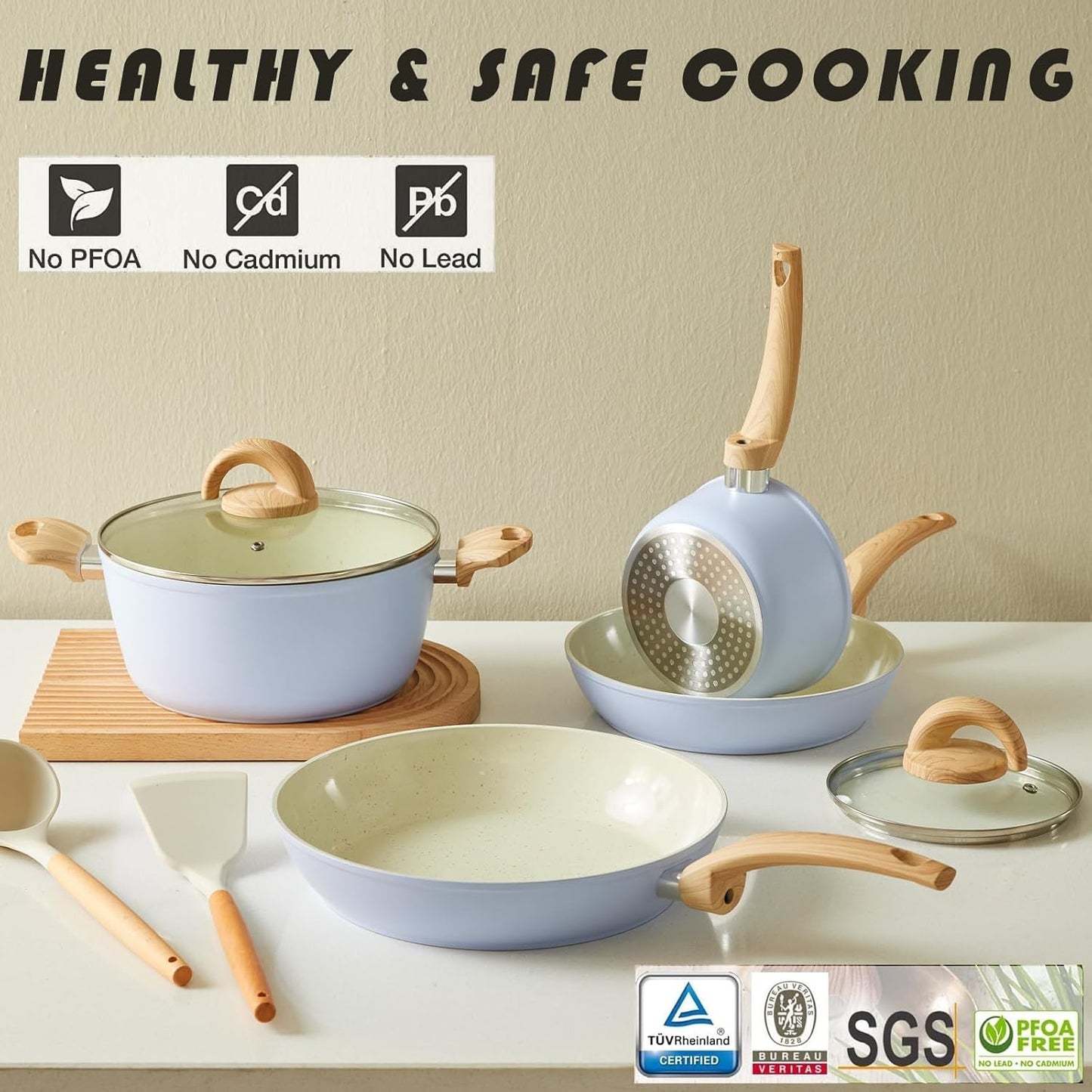 Dluxe Ave.  Blue Non Stick Pots, Pans and Lid with Kitchen Utensils