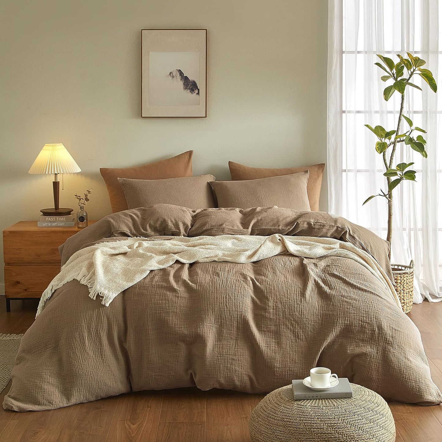 Dluxe Ave. ( QUEEN ) 3 Pcs 100% Washed Cotton {Duvet Cover} Set, Ultra Soft Comforter Cover, Light Brown