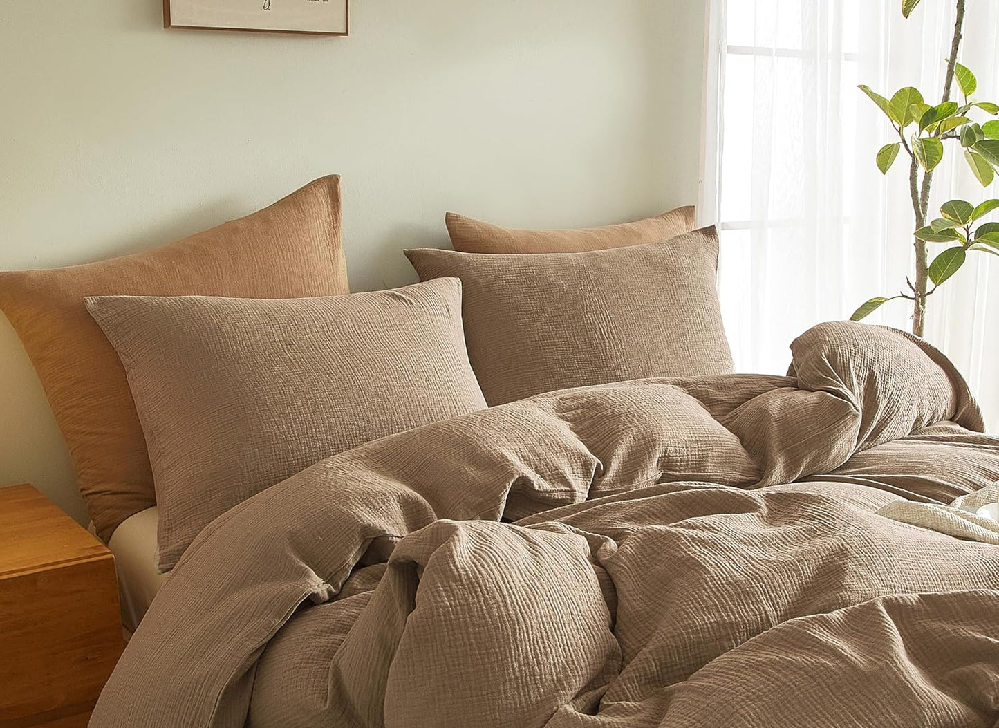 Dluxe Ave. ( QUEEN ) 3 Pcs 100% Washed Cotton {Duvet Cover} Set, Ultra Soft Comforter Cover, Light Brown