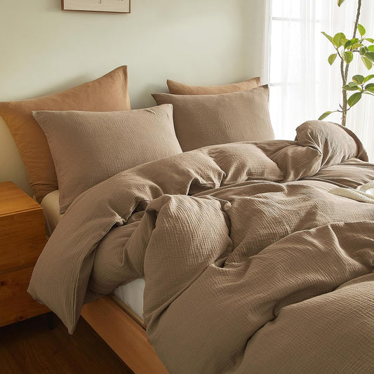 Dluxe Ave. ( QUEEN ) 3 Pcs 100% Washed Cotton {Duvet Cover} Set, Ultra Soft Comforter Cover, Light Brown