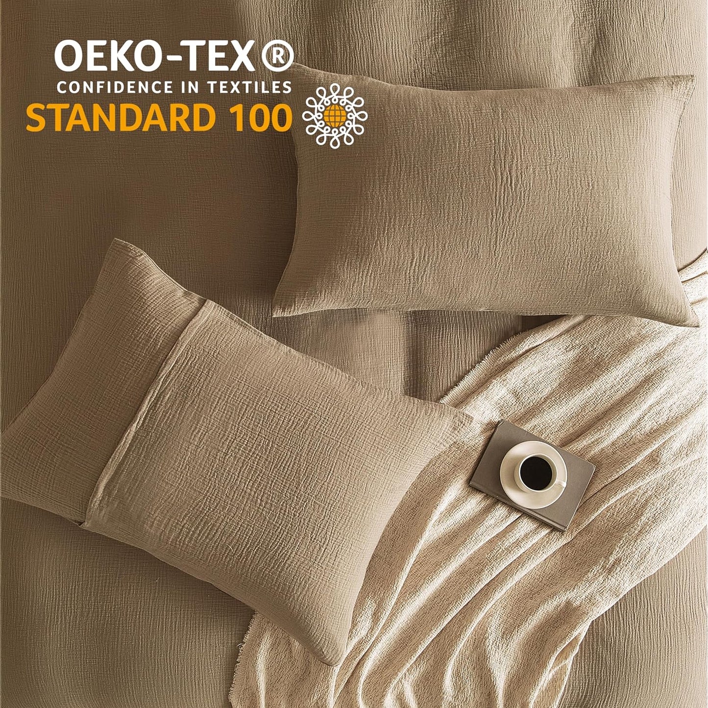 Dluxe Ave. ( QUEEN ) 3 Pcs 100% Washed Cotton {Duvet Cover} Set, Ultra Soft Comforter Cover, Light Brown