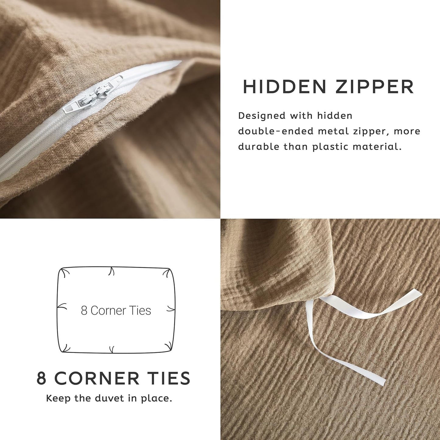 Dluxe Ave. ( QUEEN ) 3 Pcs 100% Washed Cotton {Duvet Cover} Set, Ultra Soft Comforter Cover, Light Brown