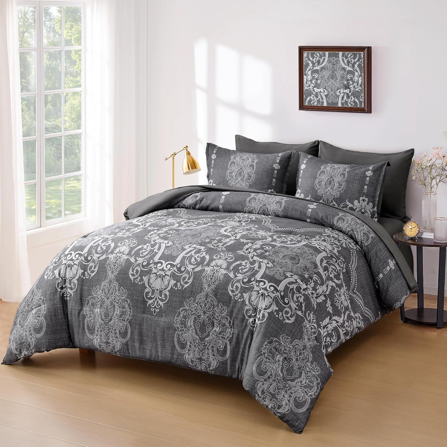 Dluxe Ave. ( QUEEN ) 7 Pcs Comforter Set/ Damask Bed in a Bag/ Lightweight for All Season (90"x90")