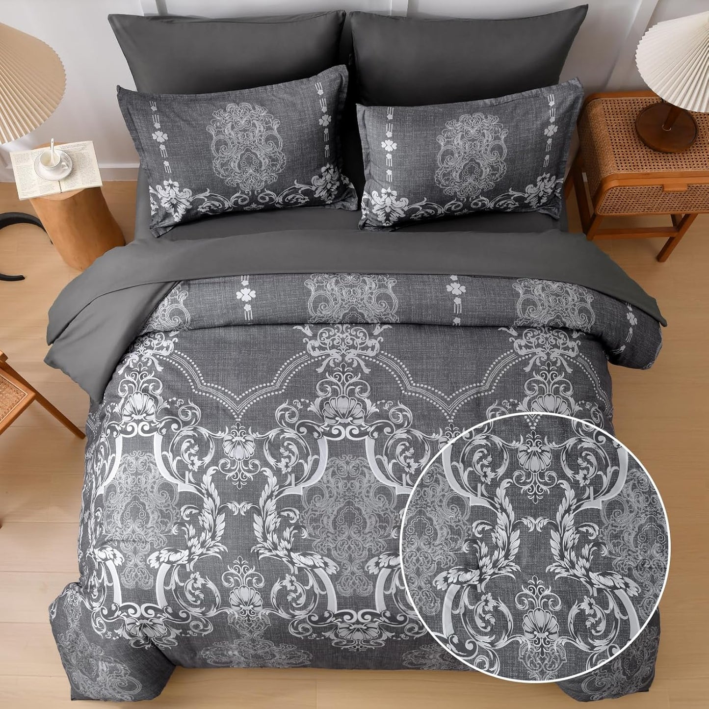 Dluxe Ave. ( QUEEN ) 7 Pcs Comforter Set/ Damask Bed in a Bag/ Lightweight for All Season (90"x90")