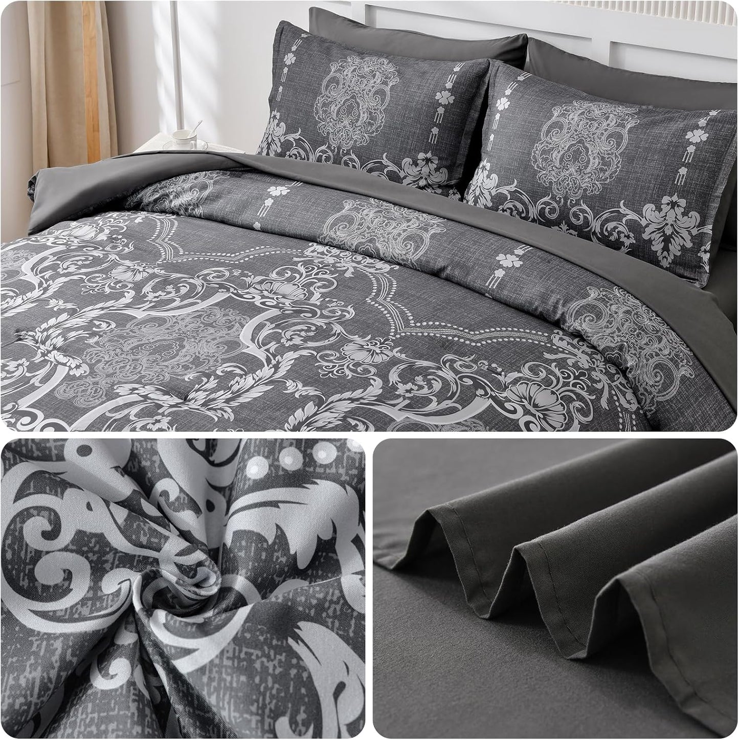 Dluxe Ave. ( QUEEN ) 7 Pcs Comforter Set/ Damask Bed in a Bag/ Lightweight for All Season (90"x90")
