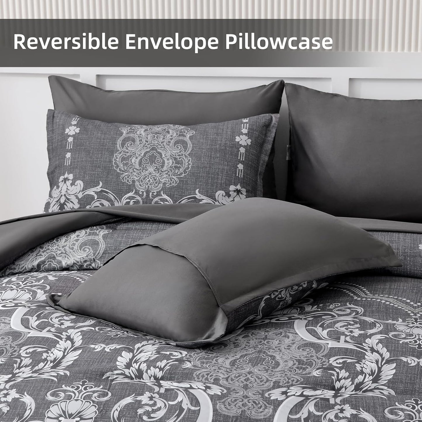 Dluxe Ave. ( QUEEN ) 7 Pcs Comforter Set/ Damask Bed in a Bag/ Lightweight for All Season (90"x90")