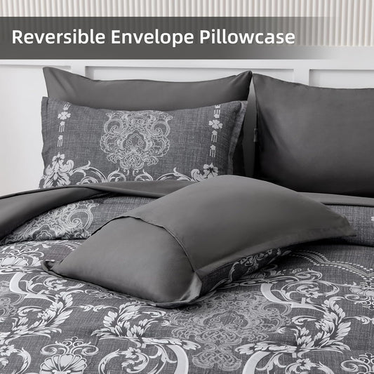 Dluxe Ave. ( QUEEN ) 7 Pcs Comforter Set/ Damask Bed in a Bag/ Lightweight for All Season (90"x90")