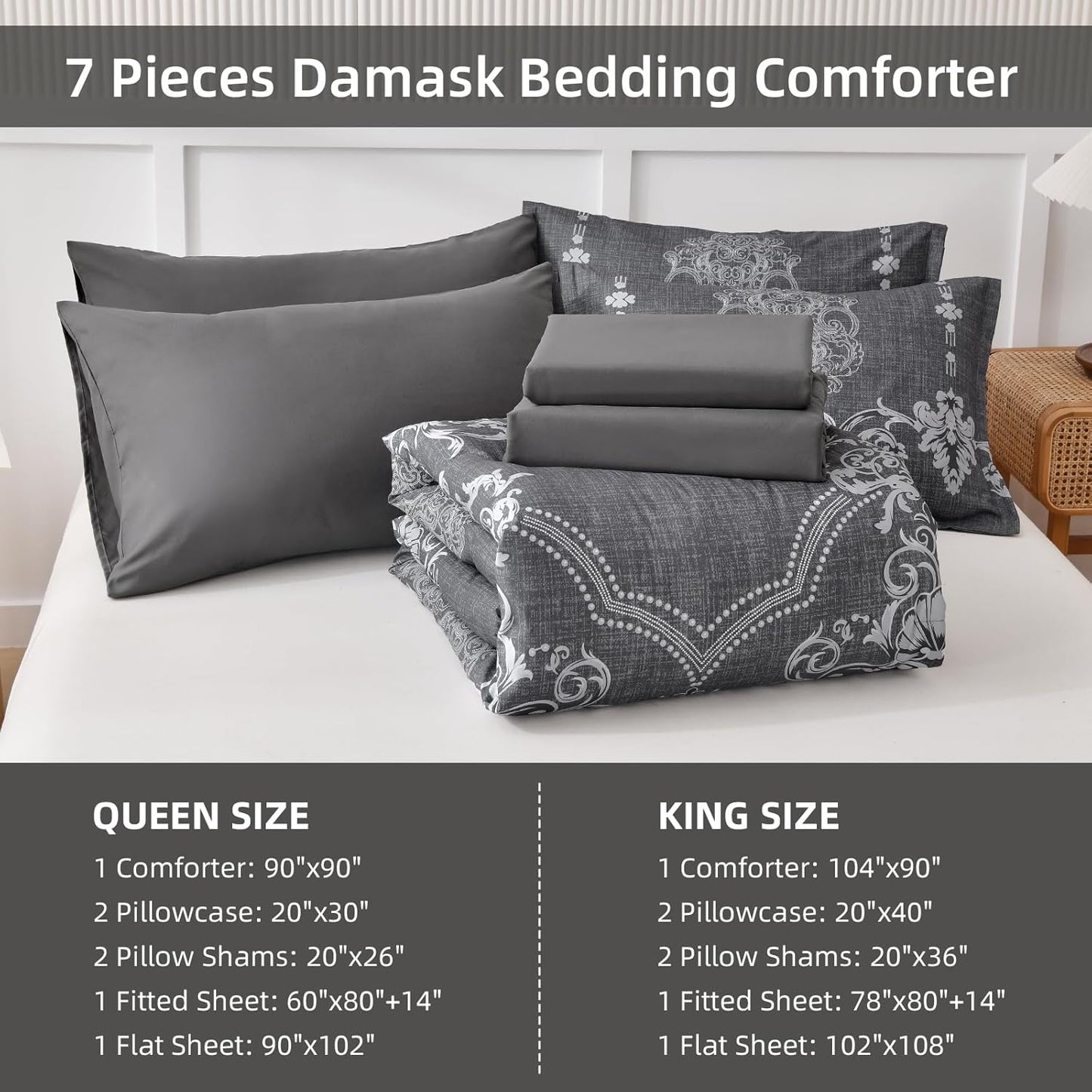 Dluxe Ave. ( QUEEN ) 7 Pcs Comforter Set/ Damask Bed in a Bag/ Lightweight for All Season (90"x90")
