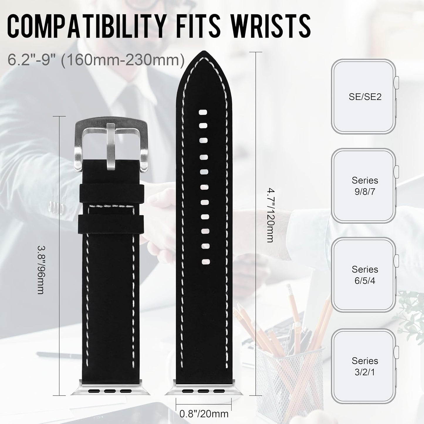 Dluxe Ave. Leather Band Compatible with Apple Watch Ultra 2/Ultra Band 38mm 40mm 41mm for Men Vintage Watch Strap for iWatch Series 9 8 7 6 5 4 3 2 1 SE Grain Genuine Replacement Band (Black)