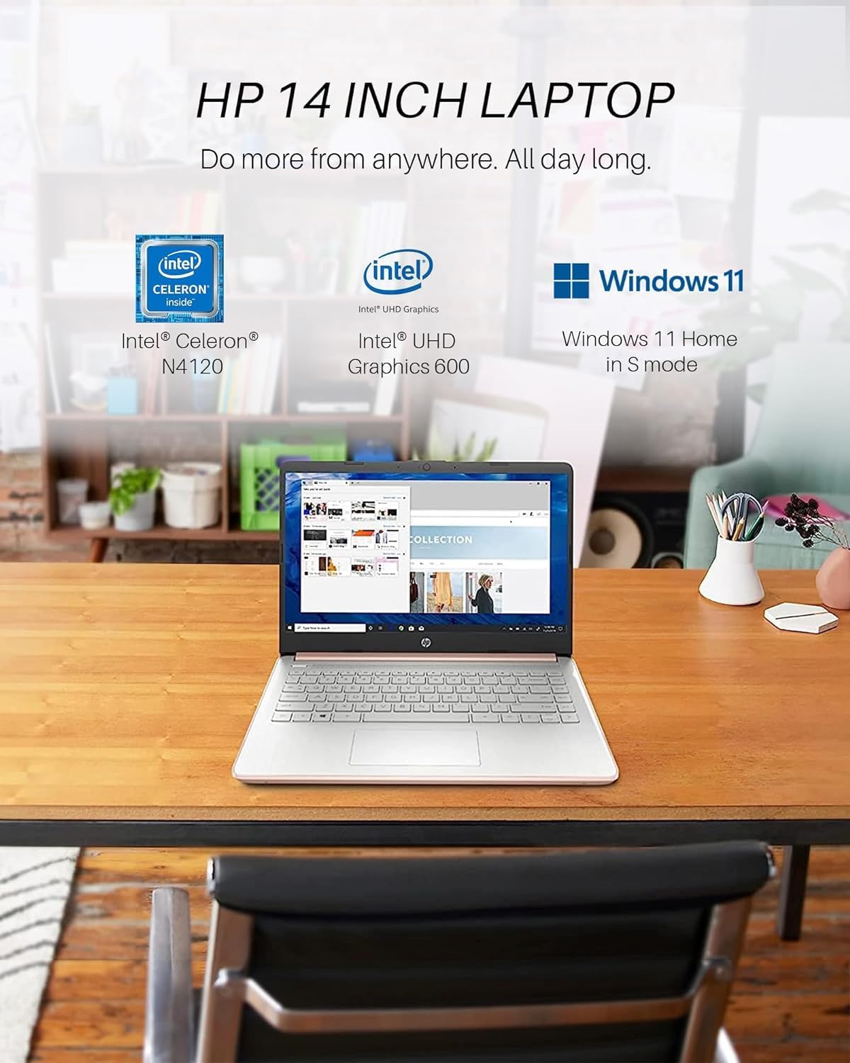 Dluxe Ave. HP 14 Inch Ultral Light Laptop 16GB RAM 320GB Storage Windows 11 S Rose Gold