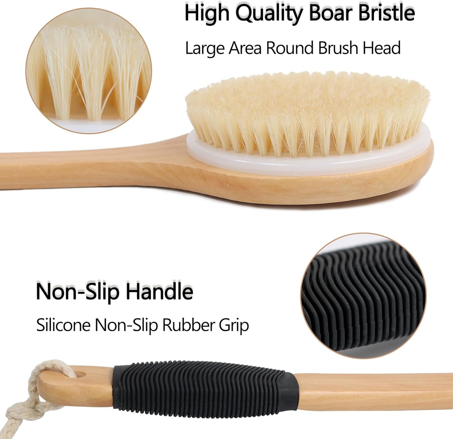 Dluxe Ave. OWIIZI Round Head Back Scrub Brush for Body Shower Wooden Long Handle