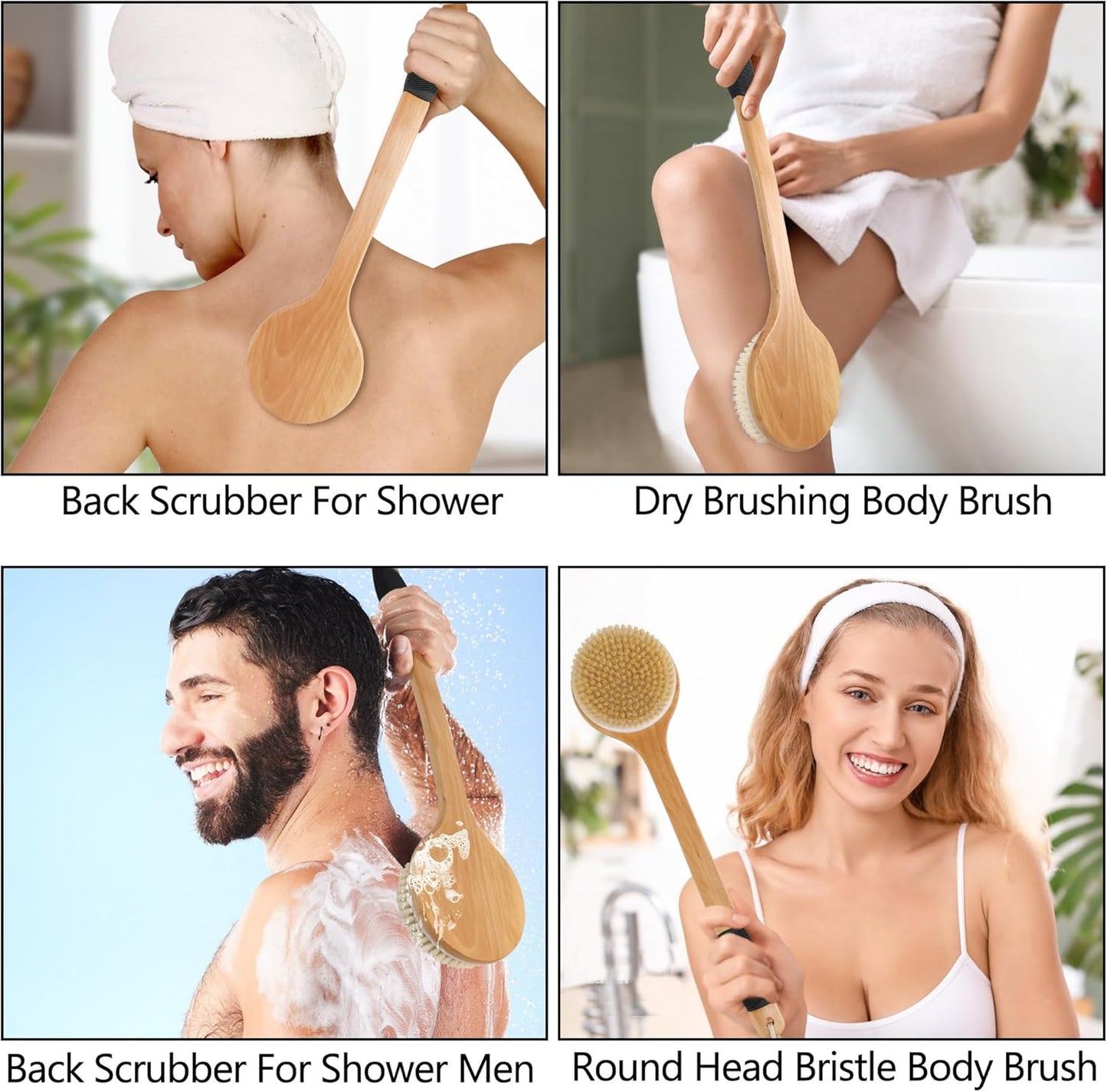 Dluxe Ave. OWIIZI Round Head Back Scrub Brush for Body Shower Wooden Long Handle