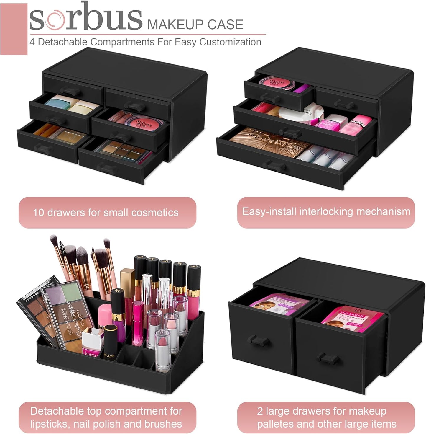 Dluxe Ave. Sorbus Large Makeup Organizer - Stackable Jewelry & Makeup Organizer For Vanity Bathroom Storage Dresser - 12 Drawers Cosmetic Beauty Organizers and Storage with Lipstick Makeup Brush Holder