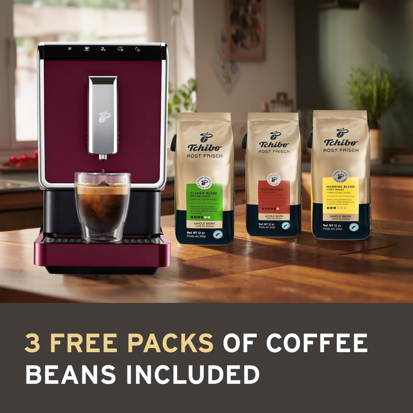 Dluxe Ave. ( Out of Stock) Tchibo Automatic Espresso & Coffee Machine Bundle with Built-in Grinder Comes With 3 x 12 oz. Bags of Whole Bean Coffee Red