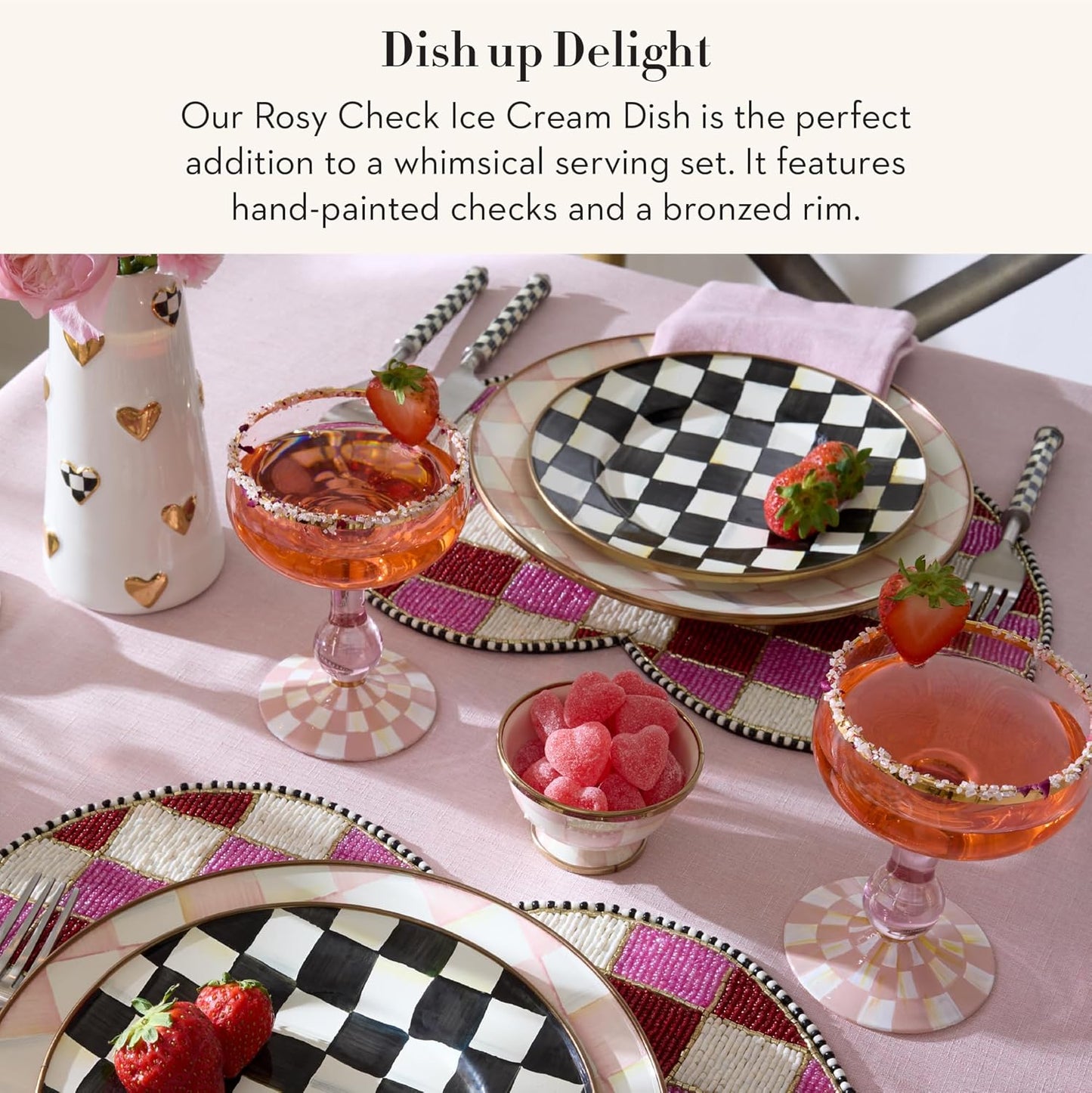 Dluxe Ave. Enamel Ice Cream Bowl Serving Bowls for Entertaining /2Cup Capacity (Pink-and-White Rosy Check)